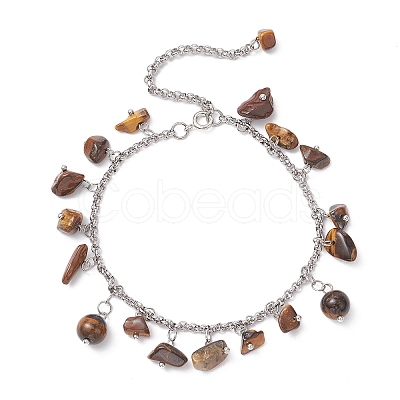 3Pcs 304 Stainless Steel Natural Mixed Gemstone Chips Charm Bracelets BJEW-JB12376-1