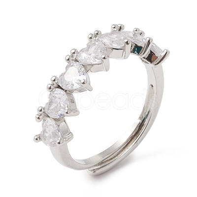Clear Cubic Zirconia Heart Adjustable Ring RJEW-F124-05P-1