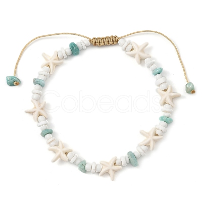 Ocean Natural Amazonite Chip & Starfish Synthetic Turquoise & Glass Seed Beaded Braided Anklets for Women AJEW-AN00805-1