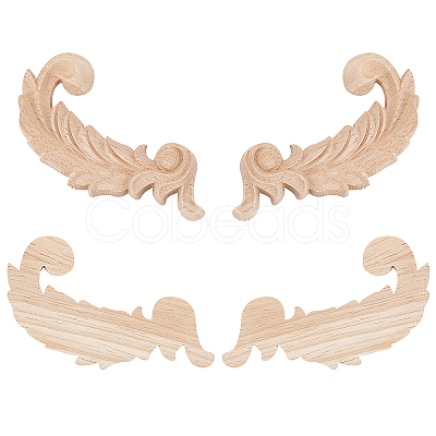 4Pcs Feather Rubber Wooden Carved Decor Applique WOOD-FH0001-83-1