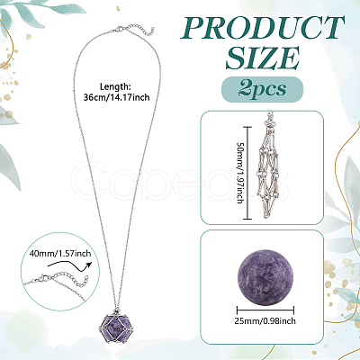 2Pcs Brass Macrame Pouch Natural Lepidolite Round Inside Pendant Necklaces NJEW-PH01595-1