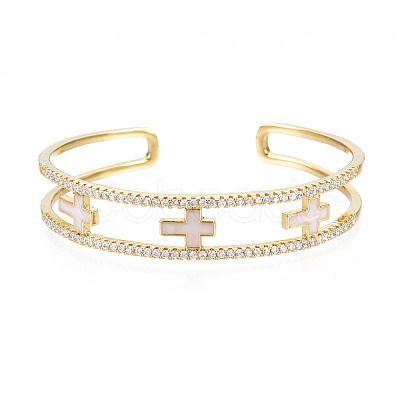 Enamel Cross Open Cuff Bangle with Clear Cubic Zirconia BJEW-N012-023-1