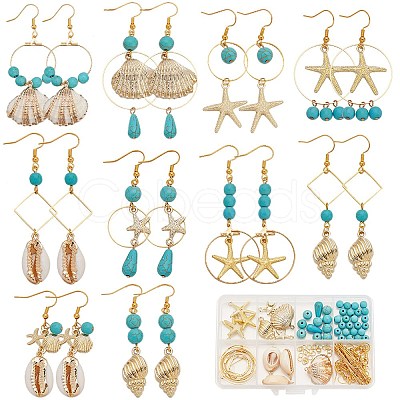 Ocean Theme Synthetic Turquoise & Natural Shell Dangle Earrings DIY Making Kit DIY-SC0025-79-1