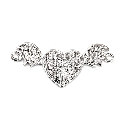 Brass Micro Pave Clear Cubic Zirconia Heart with Bat Wings Connector Charms KK-L229-053P-1
