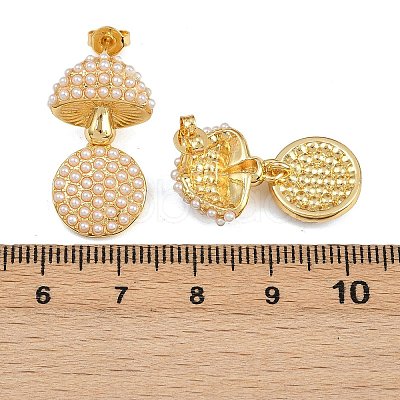 Brass ABS Plastic Pearl Mushroom Dangle Stud Earrings EJEW-L275-03G-1