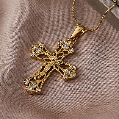 Vintage 304 Stainless Steel with Clear Glass Hollow Jesus Cross Pendant Necklaces for Women Men JW8660-1