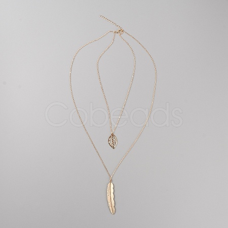 Alloy Leaf Pendant Double Layer Necklace for Women NJEW-WH0020-12KCG-B-1