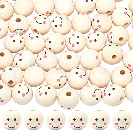 60Pcs Printed Natural Wood European Beads WOOD-GF0002-19B-1