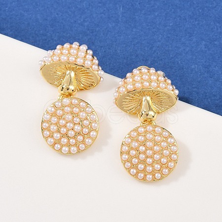 Brass ABS Plastic Pearl Mushroom Dangle Stud Earrings EJEW-L275-03G-1