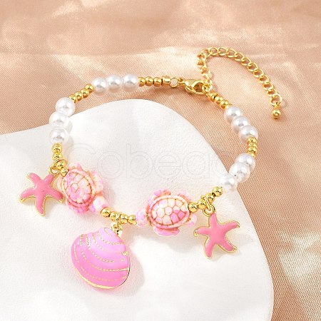 Ocean Brass Enamel Starfish Shell Shape Charm Bracelets for Women KK-CBA68DA-16G-04-1