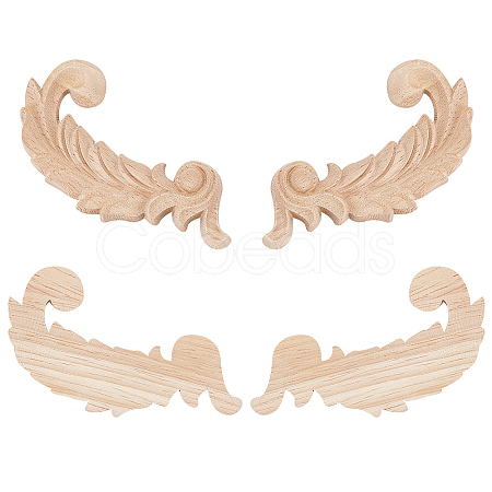 4Pcs Feather Rubber Wooden Carved Decor Applique WOOD-FH0001-83-1