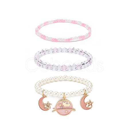 3Pcs 3 Style Shell Pearl & Glass Seed Beaded Stretch Bracelets Set BJEW-JB08705-02-1
