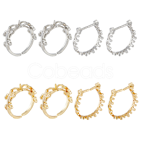 SUPERFINDINGS 8Pcs 4 Style Rack Plating Brass Open Cuff Ring Settings KK-FH0006-84-1