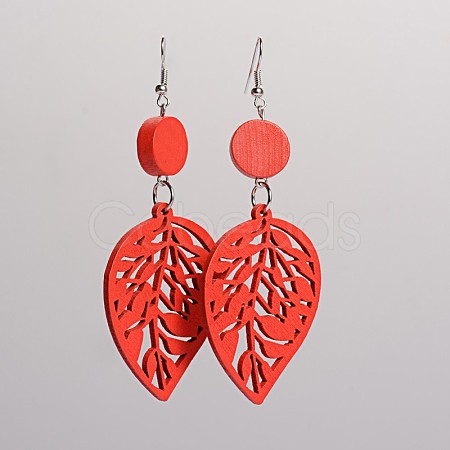 Trendy Leaf Wood Dangle Earrings EJEW-F0090-09D-1