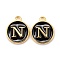 Golden Plated Alloy Charms, Cadmium Free & Lead Free, with Enamel, Enamelled Sequins, Flat Round with Letter, Black, Letter.N, 14x12x2mm, Hole: 1.5mm