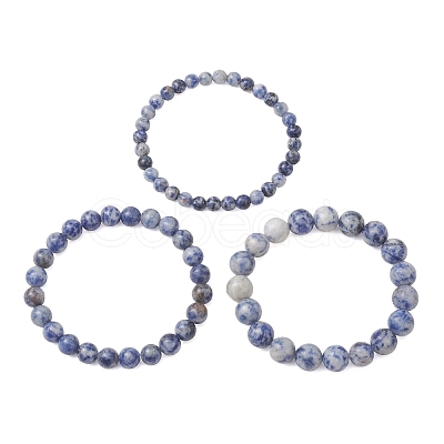 3Pcs 3 Styles Natural Blue Spot Jasper Beaded Stretch Bracelets for Women Men BJEW-JB13401-1