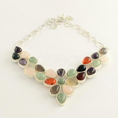 Gemstone Bib Statement Necklaces with Alloy Cabochon Settings and Silver Color Plated Brass Chains  NJEW-R224-07B-B-1