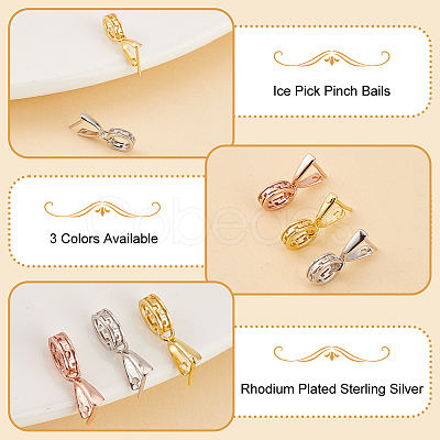 3Pcs 3 Colors Rhodium Plated Sterling Silver Ice Pick Pinch Bails STER-OC0001-02-1