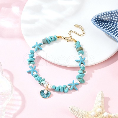 Zinc Alloy Enamel Shell Shape Charm Round Shell Pearl & Dyed Synthetic Turquoise Starfish & Magnesite Chip Beaded Anklets AJEW-AN00735-02-1