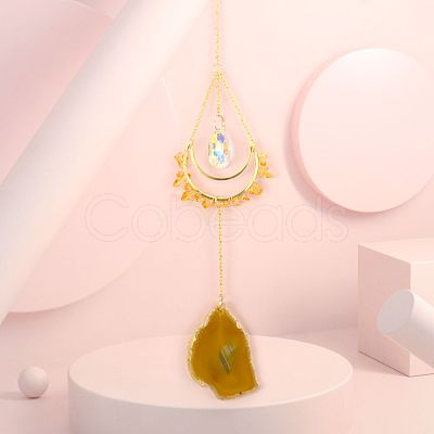 Natural Citrine Chip Wrapped Moon Hanging Ornaments PW-WG89822-05-1