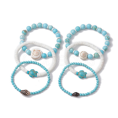 3Pcs 3 Styles Summer Beach Turtle Dyed Synthetic Turquoise & Shell Bead Bracelet Sets BJEW-JB10313-1