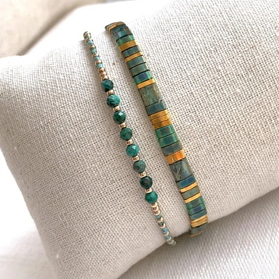 2Pcs 2 Styles Natural Fuchsite & Glass & Iron Braided Bead Bracelet Sets VQ5564-1