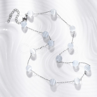 304 Stainless Steel Cat Eye Round Beads Handmade Chain Necklaces for Women NJEW-C073-01P-06-1
