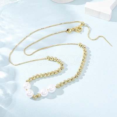Brass & ABS Imitation Pearl Round Beaded Adjustable Slider Necklaces BJEW-H209-02G-1
