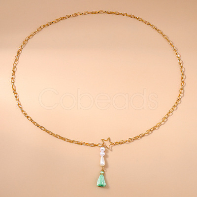 Star Alloy Cable Chain with Plastic Pearl Bead Aquamarine Tassel Waist Belly Chains FS-WG4037F-01-1