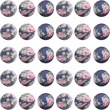 30pcs Round with Flower Pattern Silicone Focal Beads SIL-SC0002-03D-1