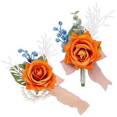 2Pcs 2 Style Silk Cloth & Plastic Imitation Flower Corsage Boutonniere & Wrist Corsage JEWB-CP0001-27B-1