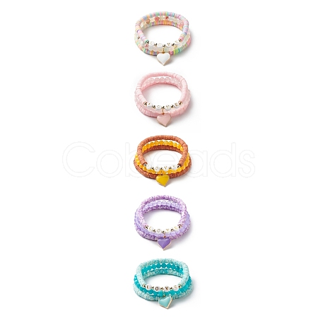 3Pcs 3 Style Natural Gemstone & Acrylic Word Love Beaded Stretch Bracelets Set with Alloy Enamel Heart Charms BJEW-JB08924-1