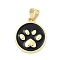 Brass Enamel Pendants, Cadmium Free & Lead Free, Long-Lasting Plated, Rack Plating, Flat Round with Paw Print Charm, Real 18K Gold Plated, Black, 18x15.5x2.5mm, Hole: 4x3mm