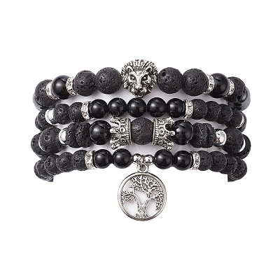 4Pcs 4 Style Natural Black Onyx & Lava Rock Beaded Stretch Bracelets Set BJEW-JB09672-1