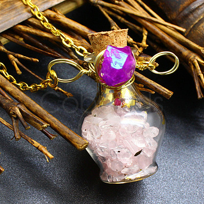 Natural Rose Quartz Chips Perfume Bottle Necklace BOTT-PW0008-01E-1