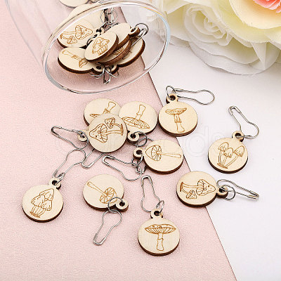 BENECREAT 3 Bags Mushroom Pattern Flat Round Wooden Charm Locking Stitch Markers HJEW-BC0001-49-1