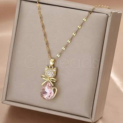 Cat Shape Brass Micro Pave Cubic Zirconia Pendant Necklaces FS-WG950BC-01-1