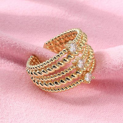 Rack Plating Real 18K Gold Plated Brass Multi Lines Open Cuff Rings RJEW-B048-08G-1