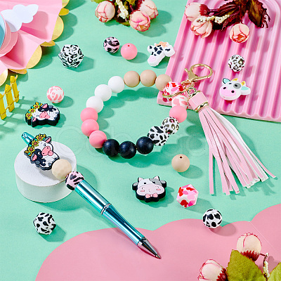 80Pcs Round & Cow Stripe Food Grade Eco-Friendly Silicone Focal Beads SIL-TA0002-68-1