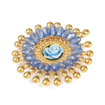 304 Stainless Steel and Resin Flower Pendants STAS-R170-03G-01-1