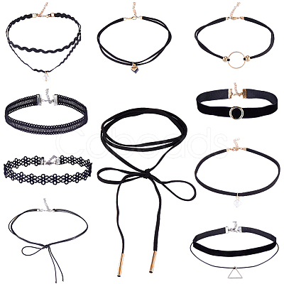 10Pcs 10 Styles Gothic Polyester Lace Choker Necklaces NJEW-SC0001-75-1