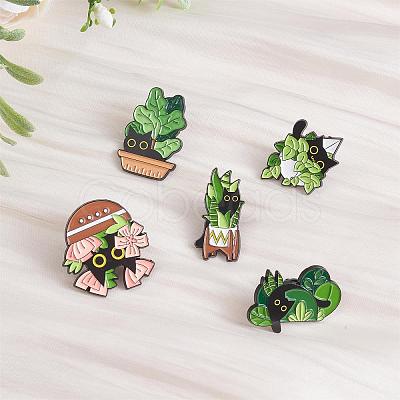 5 Pcs Cat Brooche Pins Set Enamel Lapel Pins Cute Black Cat Plants Enamel Brooche Pins Set Cartoon Animal Pins Badges Clothing Bags Jackets for Women JBR114A-1