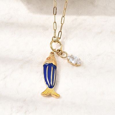 Ocean 304 Stainless Steel Enamel Fish Pendant Paperclip Chain Necklaces with Clear Cubic Zirconia SA-CBAD22F-07G-A-1
