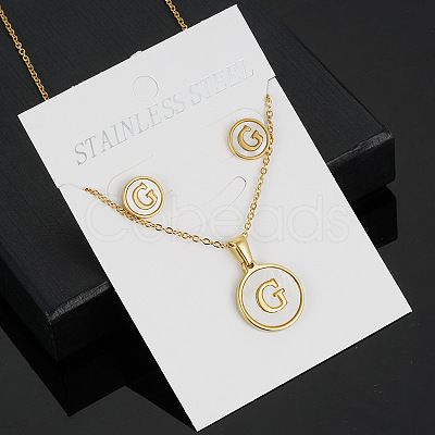 304 Stainless Steel with Natural Shell Pendant Necklaces & Stud Earrings Sets FS-WG5FD70-07-1