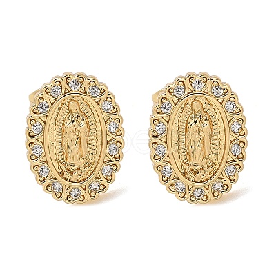 Oval with Virgin Mary Brass Micro Pave Clear Cubic Zirconia Stud Earrings EJEW-D305-10G-1