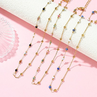 Natural & Synthetic Mixed Gemstone Faceted Round Beads Handmade Link Chain Necklaces with 316 Stainless Steel Chains NJEW-JN06059-1