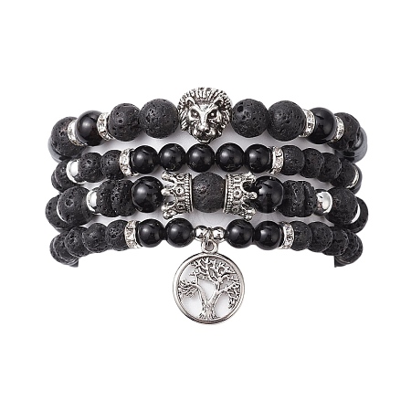 4Pcs 4 Style Natural Black Onyx & Lava Rock Beaded Stretch Bracelets Set BJEW-JB09672-1