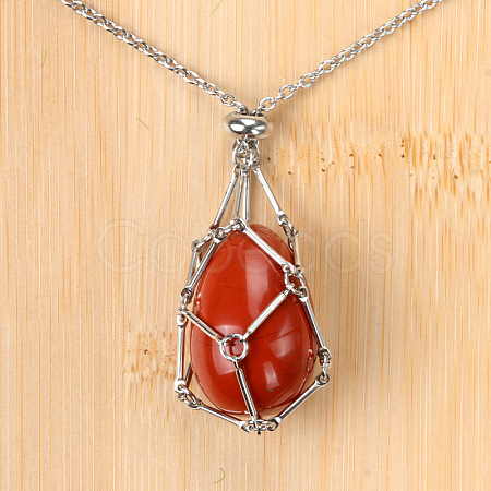 Natural Red Jasper Easter Egg Cage Pendant 304 Stainless Steel Cable Chain Necklaces FS-WGA333C-11-1
