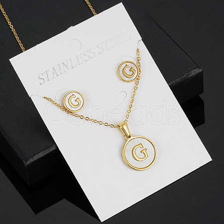304 Stainless Steel with Natural Shell Pendant Necklaces & Stud Earrings Sets FS-WG5FD70-07-1
