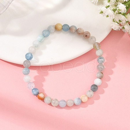 6MM Natural Aquamarine Round Beaded Stretch Bracelets BJEW-JB14423-1
